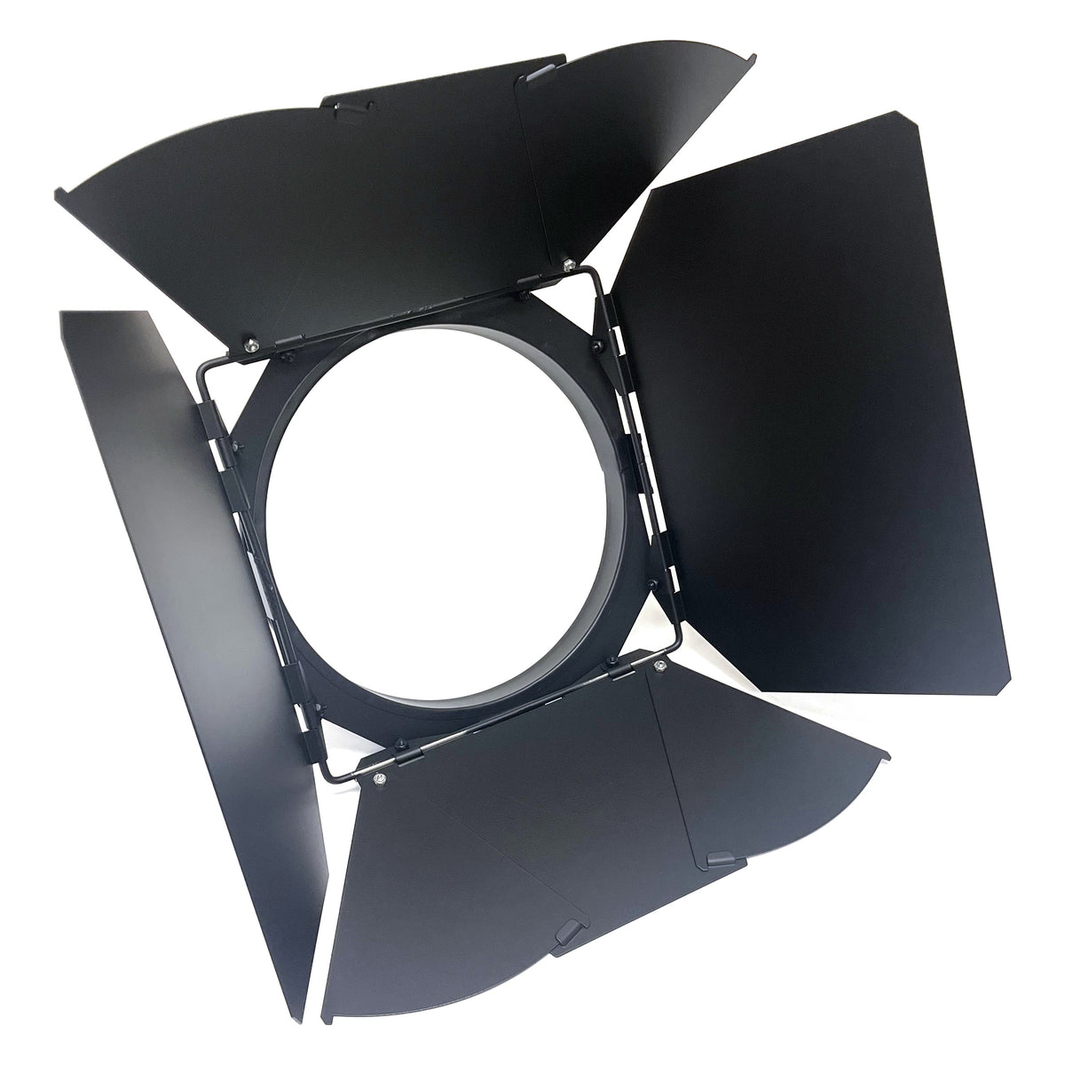 CITTHE 2599 four-leaf barndoor front view with all black leaves opened around the round lens ring, City Theatrical