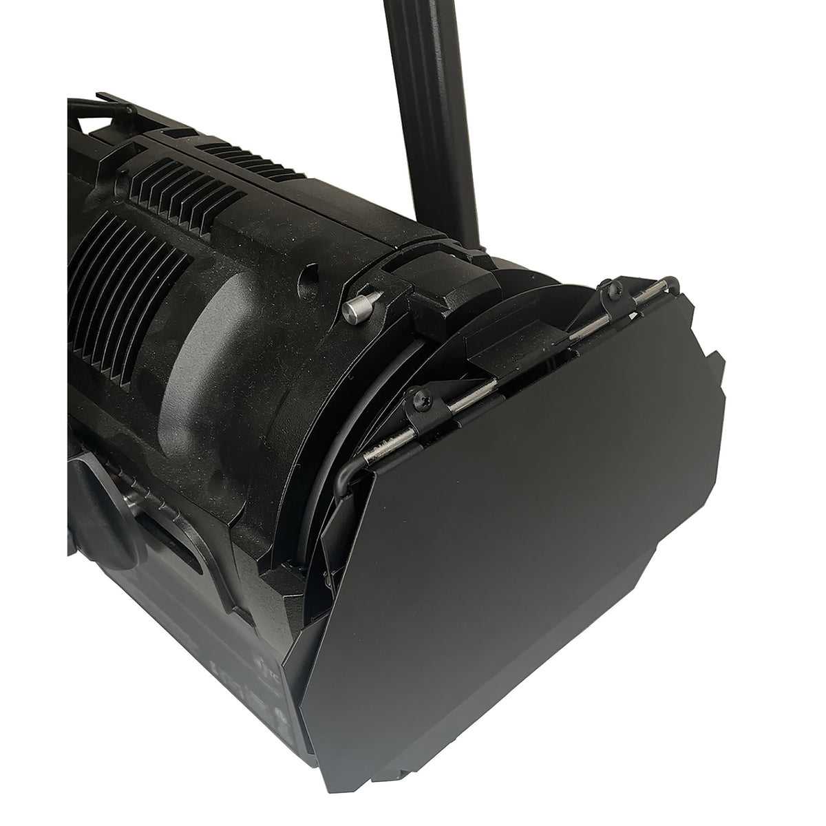 CITTHE 2489 barndoor mounted on a black LED ellipsoidal fixture showing hinge rods and leaf detail, City Theatrical