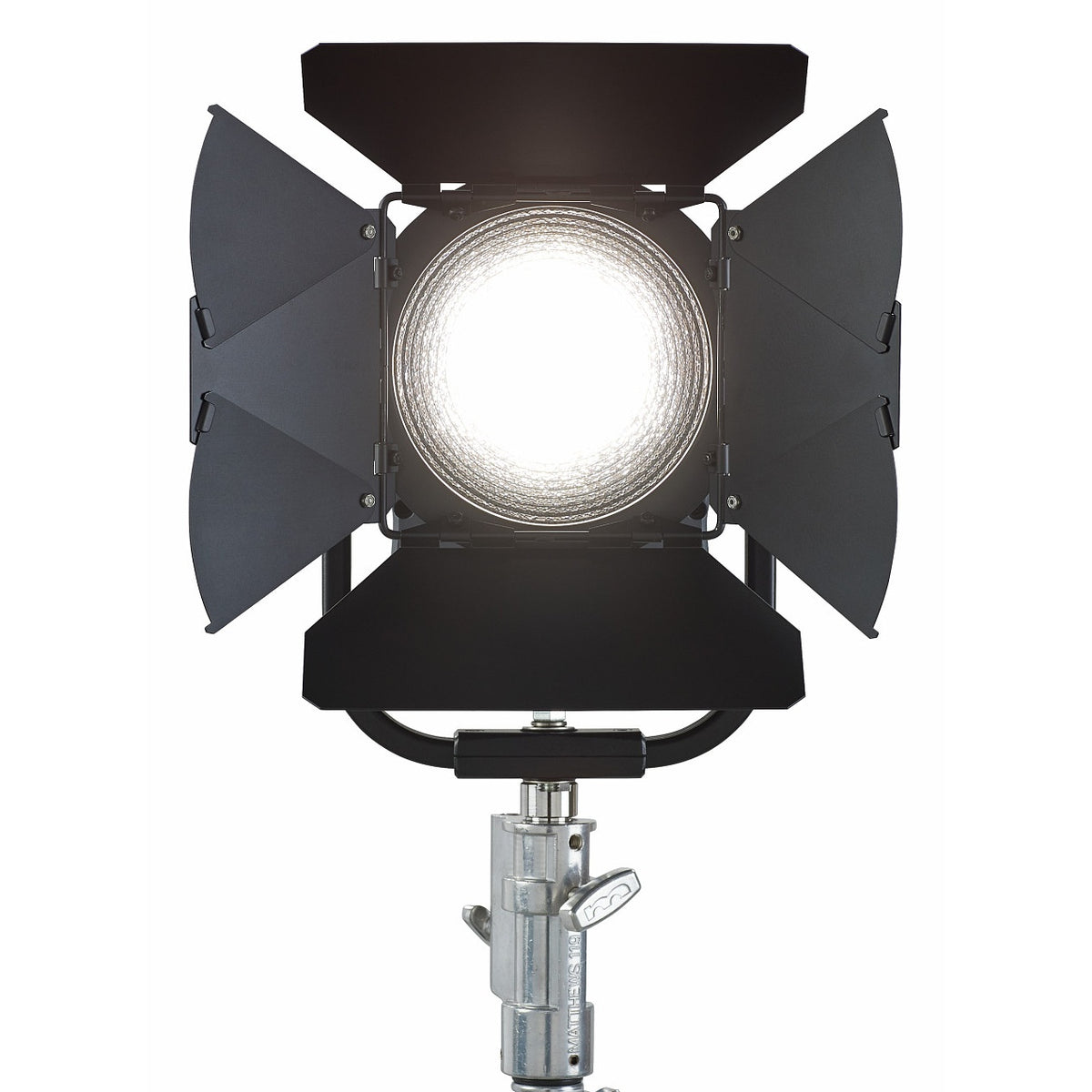 CITTHE 2632 shown with lit 7-inch Fresnel fixture, four-leaf barndoor open on stand mount, City Theatrical