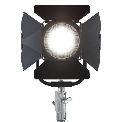 CITTHE 2632 shown with lit 7-inch Fresnel fixture, four-leaf barndoor open on stand mount, City Theatrical