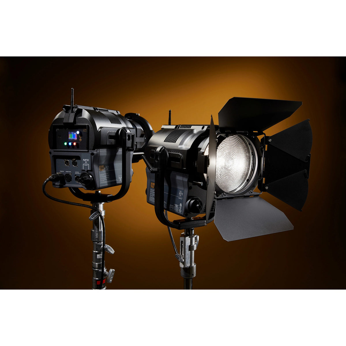 CITTHE 2632 application shot with two LED Fresnel fixtures on stands, barndoor and control panel visible, City Theatrical