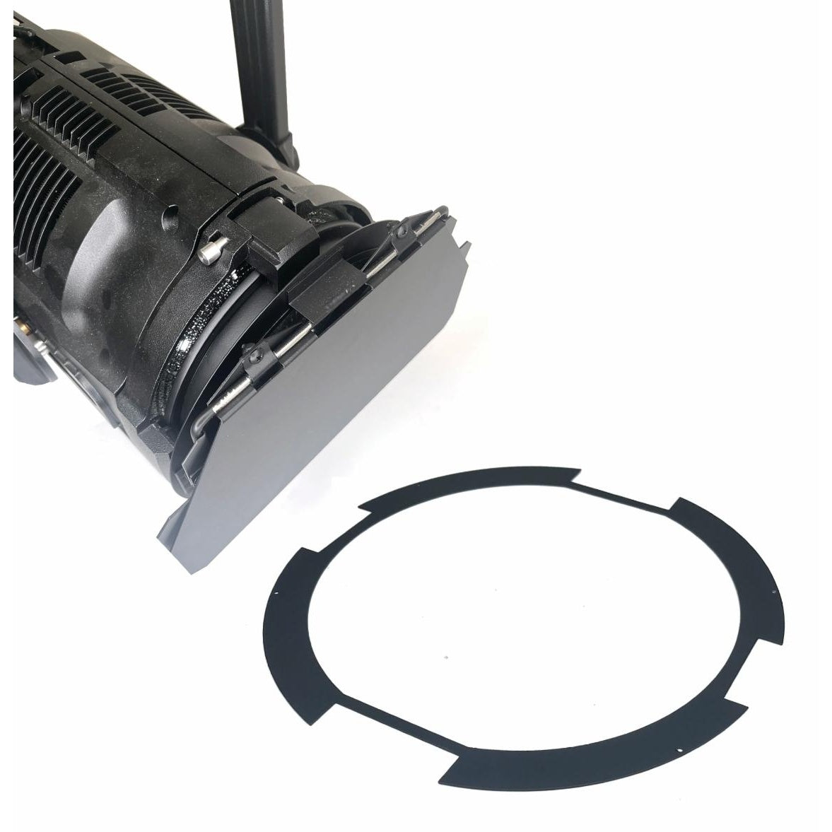 CITTHE 2632 light leak shield shown both mounted on fixture barndoor and laid flat alongside, City Theatrical