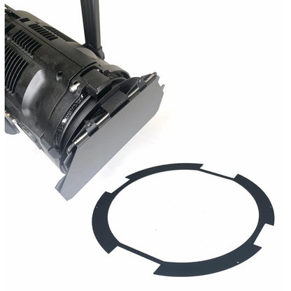 CITTHE 2632 light leak shield shown both mounted on fixture barndoor and laid flat alongside, City Theatrical