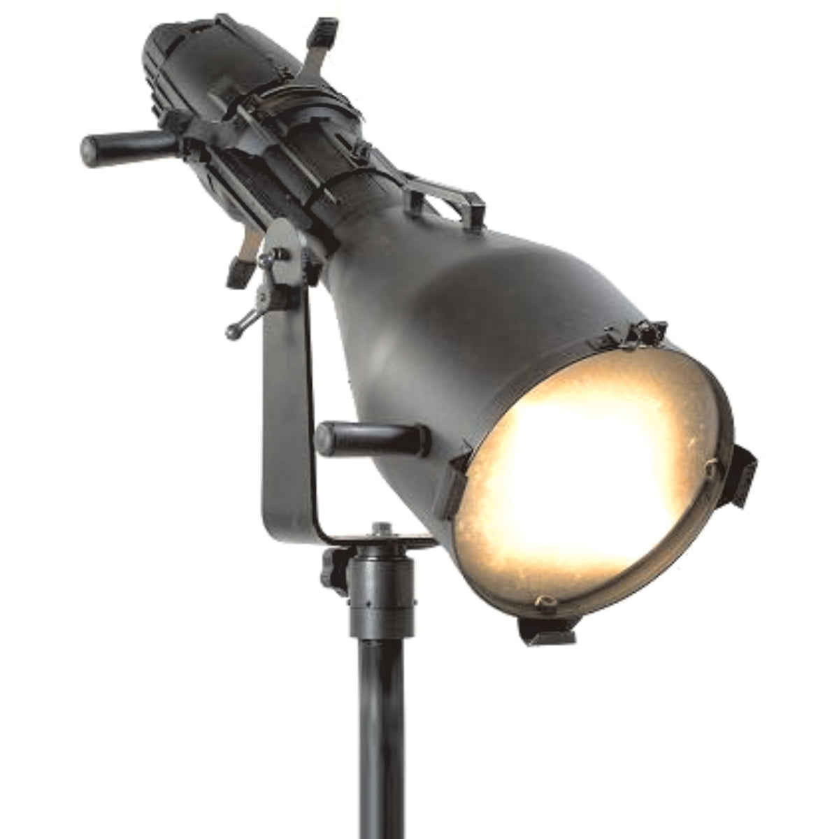1522 follow spot yoke mounted on stand with illuminated fixture and dual handle grips, City Theatrical