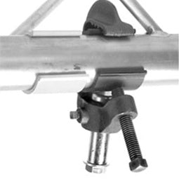 C-Clip Truss Protector alternate angle showing the metal sleeve wrapped around truss tube under an inverted clamp and bolt, City Theatrical