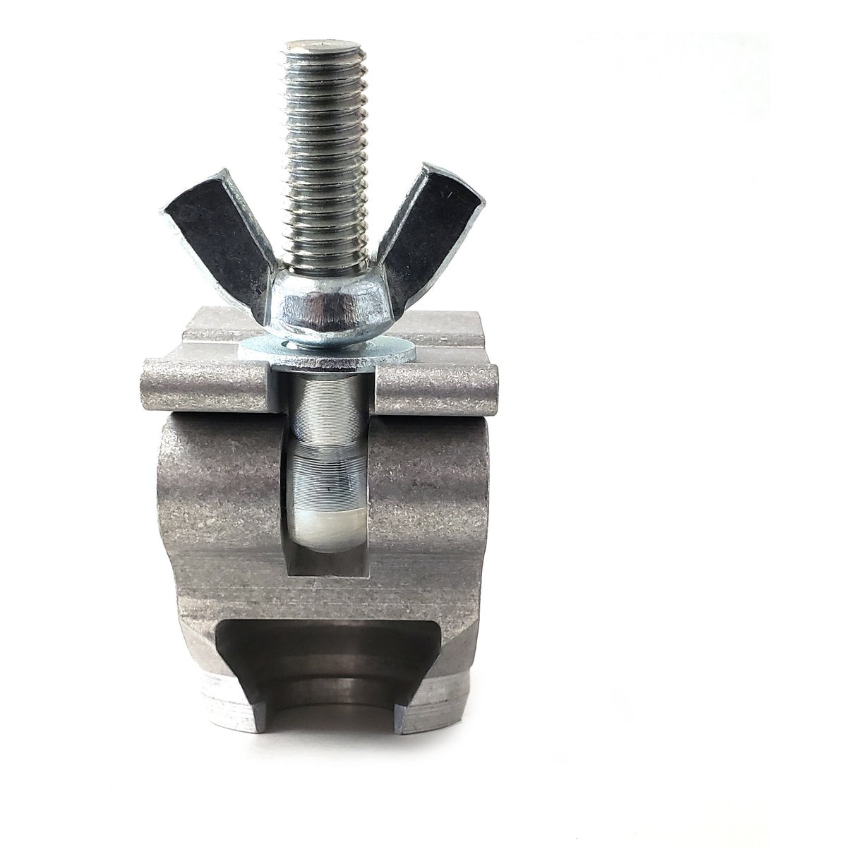 CITTHE 138 clamp front view with wing nut bolt centered over the curved pipe jaw, City Theatrical