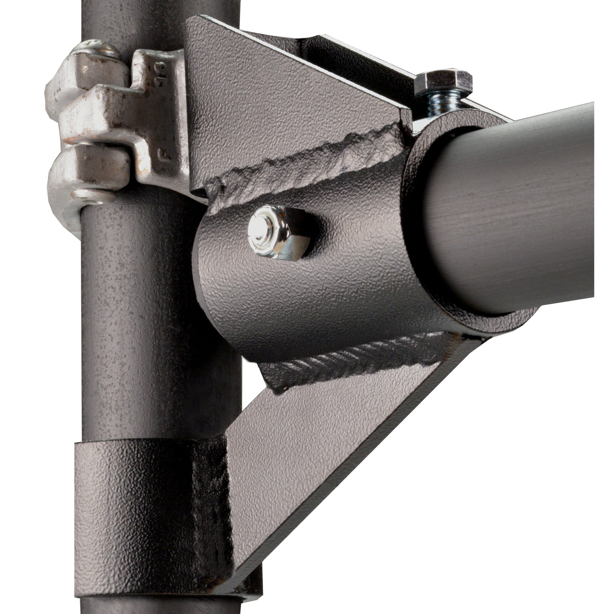 290 Safer Sidearm close-up detail of welded steel yoke clamped to vertical boom pipe with hex bolt hardware, City Theatrical