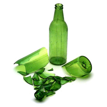 CITTHE 3922 breakaway green glass bottle shown intact beside pre-broken shards for stage effects, City Theatrical