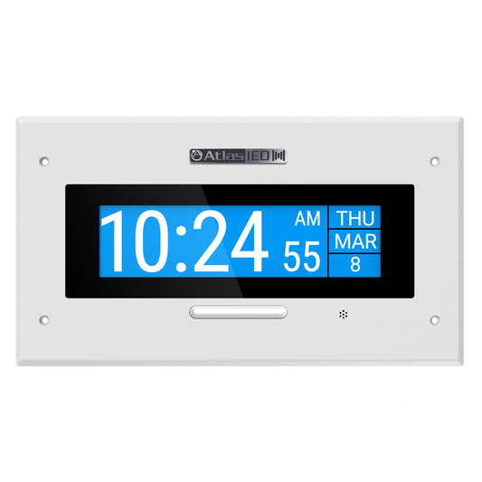 AtlasIED IP-DMF IP endpoint front view with single blue LCD showing time and date, call button, and mic port
