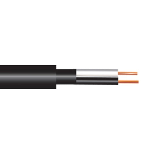 ProCo Sound 14 AWG ZIP style speaker wire with black jacket cut back to expose two copper conductors