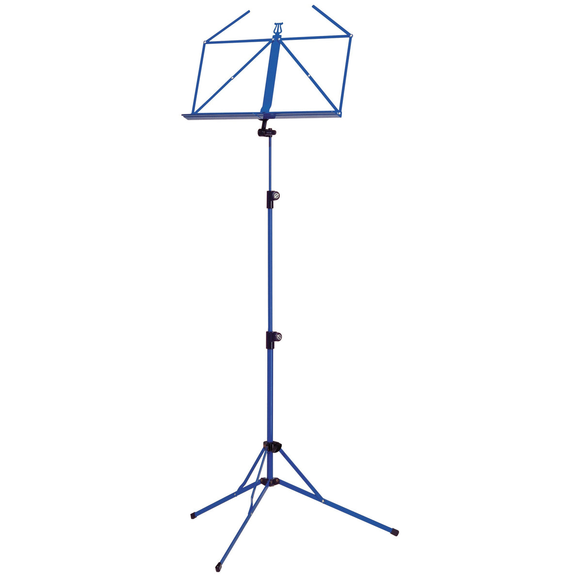 100/5 folding music stand full front view in blue with open wire desk, telescoping column and tripod legs with black rubber feet, K&M