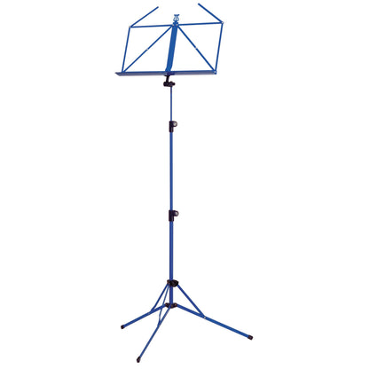 100/5 folding music stand full front view in blue with open wire desk, telescoping column and tripod legs with black rubber feet, K&M