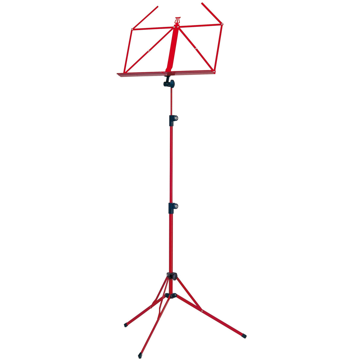 100/5 folding music stand full front view in red with wire desk, black tilt knob, two telescoping height clamps and tripod legs with rubber feet, K&M