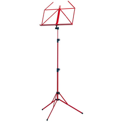 100/5 folding music stand full front view in red with wire desk, black tilt knob, two telescoping height clamps and tripod legs with rubber feet, K&M