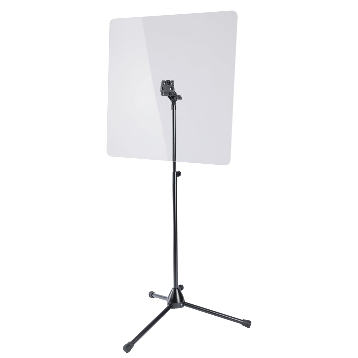 11903 protective shield stand front view with clear acrylic glass plate on black tripod stand with telescopic tube, K&M