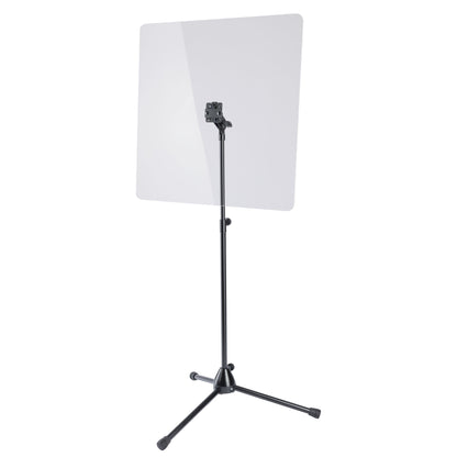 11903 protective shield stand front view with clear acrylic glass plate on black tripod stand with telescopic tube, K&M