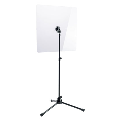 11903 protective shield stand angled view showing acrylic plate mounted on adjustable black tripod stand with clamp knob, K&M