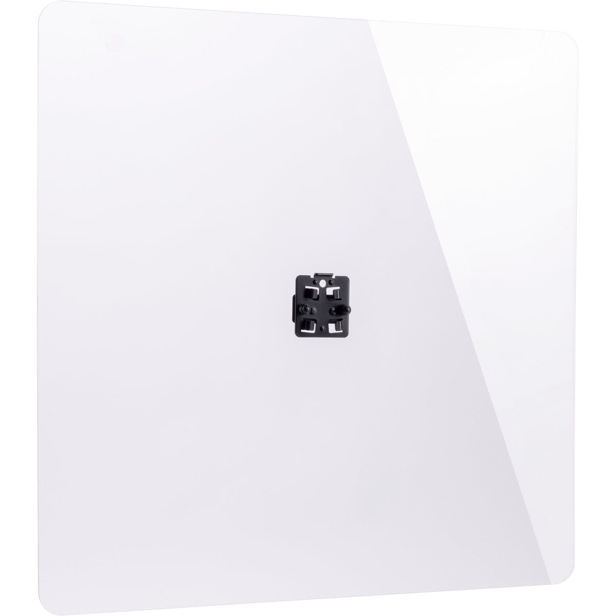 11903 acrylic glass plate close-up showing black mounting bracket with clip slots at center, K&M