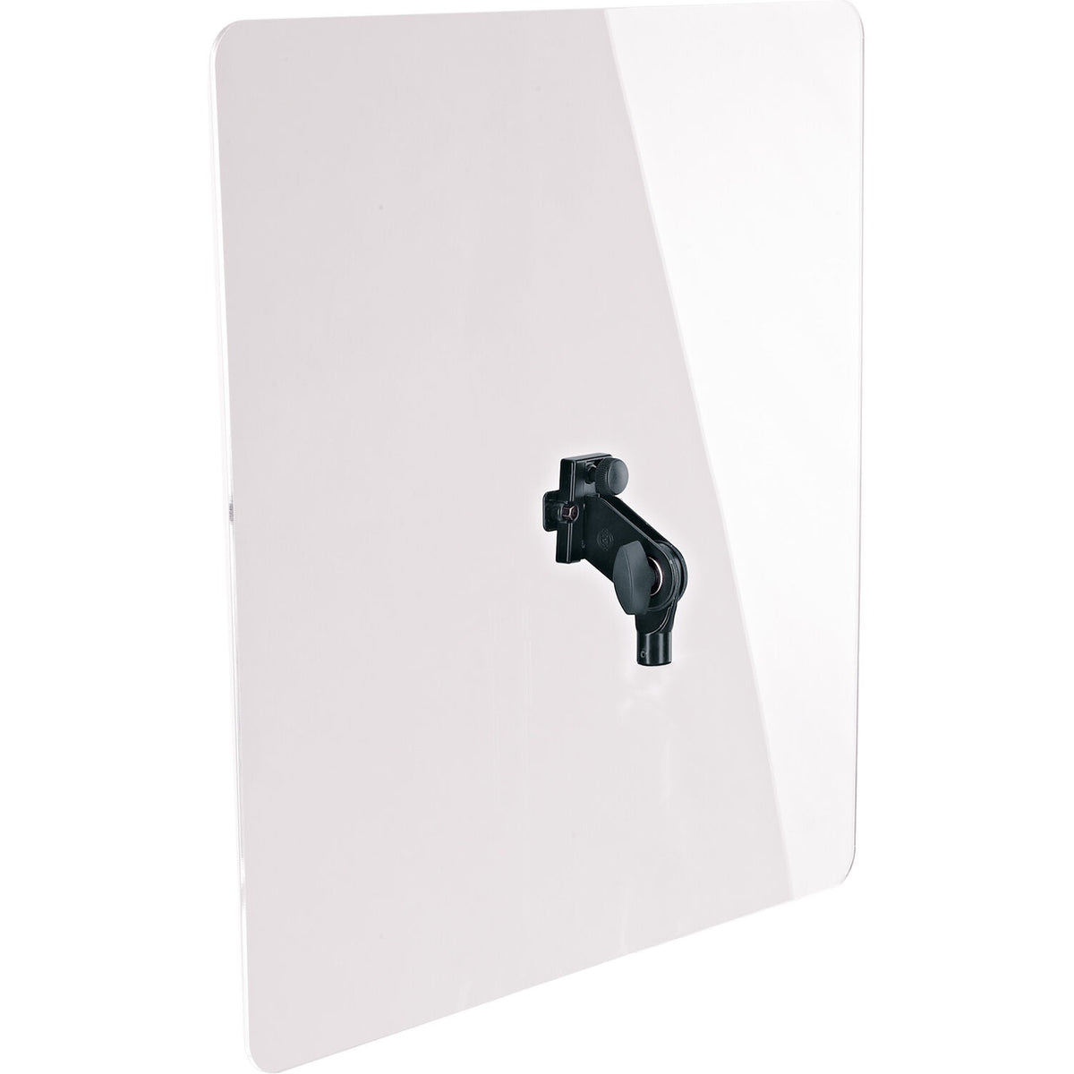 KM 11907.500.55 acrylic sound shield angled view with black adjustable stand mount bracket, K&M