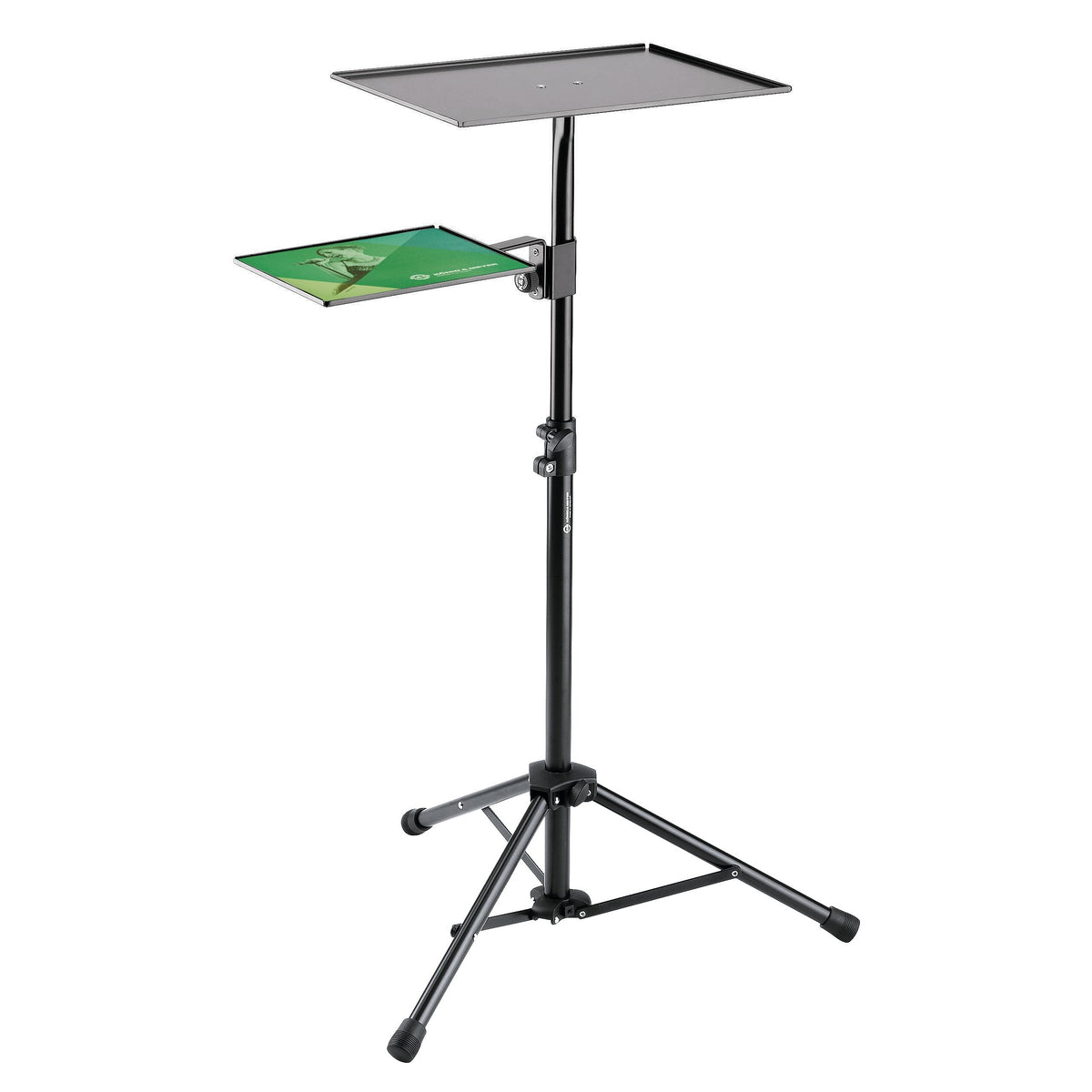 12150 tripod laptop stand full view with large black top tray and side mouse rest arm on telescoping column, K&M
