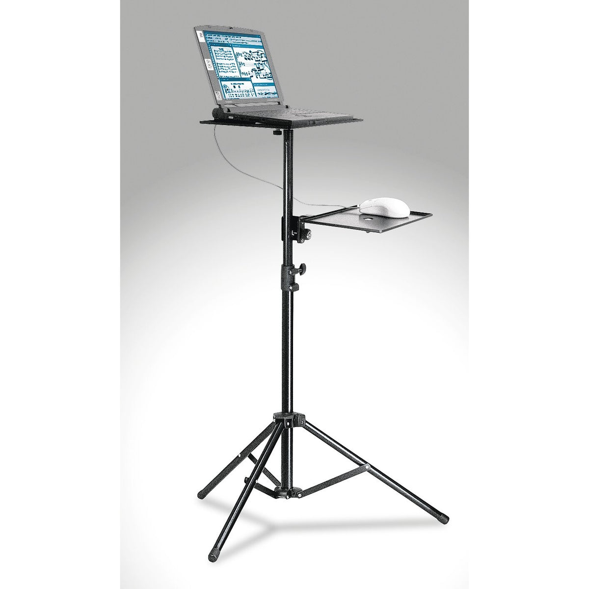 12150 tripod laptop stand in use with laptop on top tray and corded mouse on side rest arm, K&M