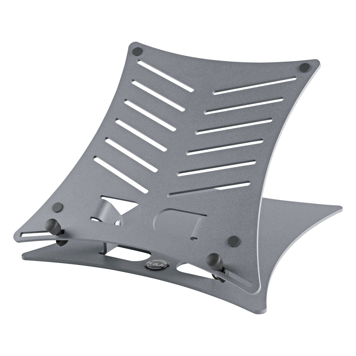 12197 laptop stand front three-quarter view with platform tilted up, showing slotted vent pattern and non-slip pads, K&M