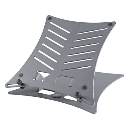 12197 laptop stand front three-quarter view with platform tilted up, showing slotted vent pattern and non-slip pads, K&M