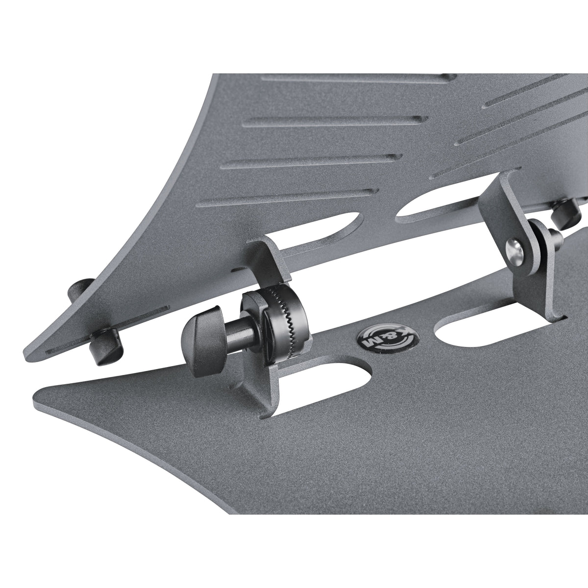 12197 laptop stand close-up of tilt angle locking knob, hinge brackets and K&M logo badge on base plate, K&M