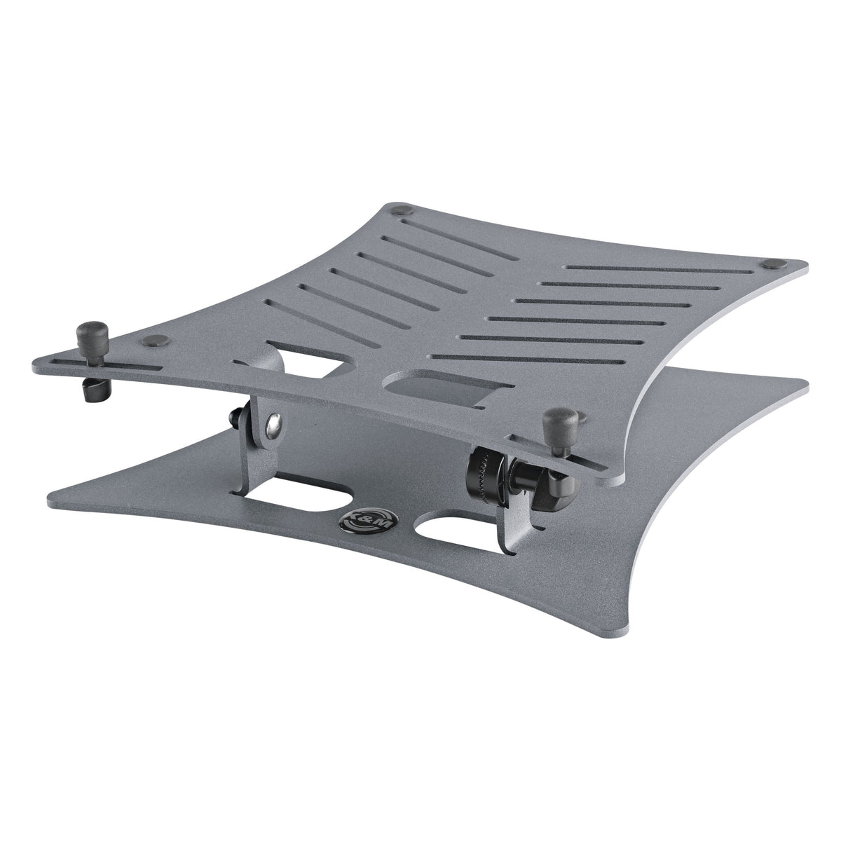 12197 laptop stand low side view in flat position showing slotted platform, laptop retaining pegs and tilt locking knob, K&M