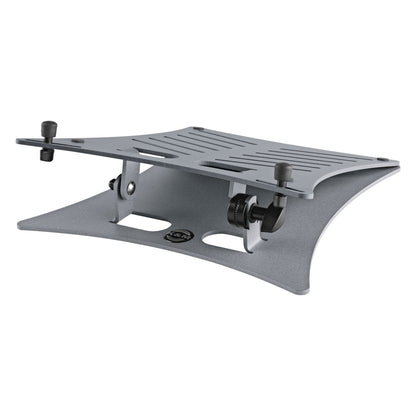 12197 laptop stand low side view with platform slightly tilted, showing black retaining pegs and tilt knob on grey base, K&M