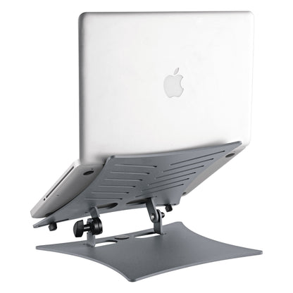 12197 laptop stand in use holding a silver laptop at an angle, rear view showing tilt knob and open base, K&M