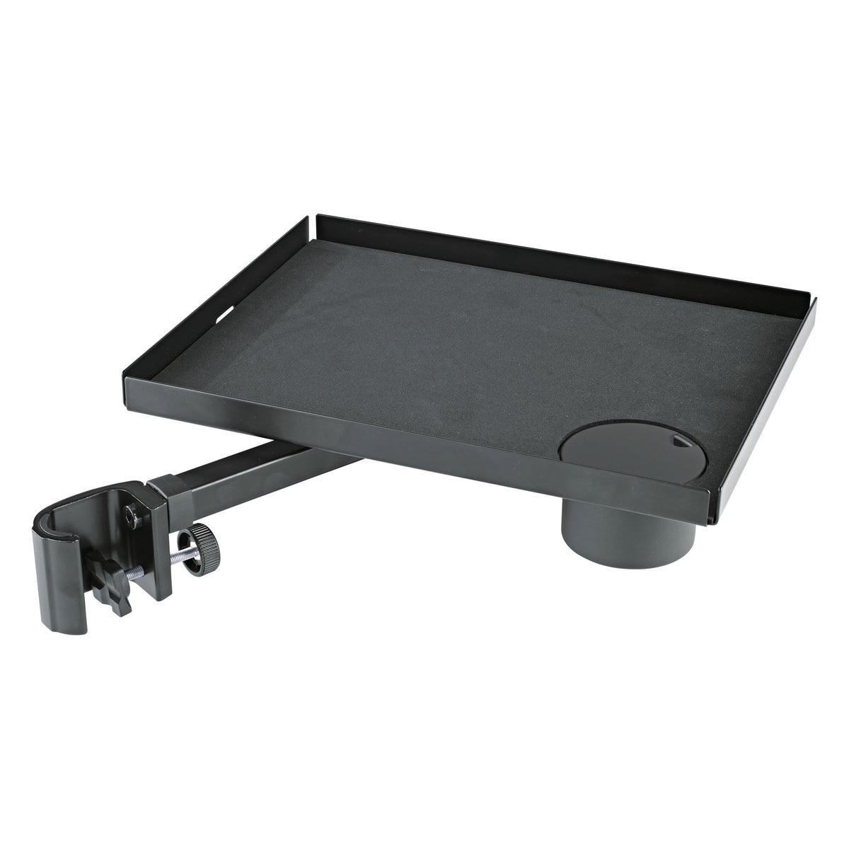 12225 steel utility tray, product shot with felt-lined black tray, clamp arm with thumbscrew and removable cup holder cover, K&M