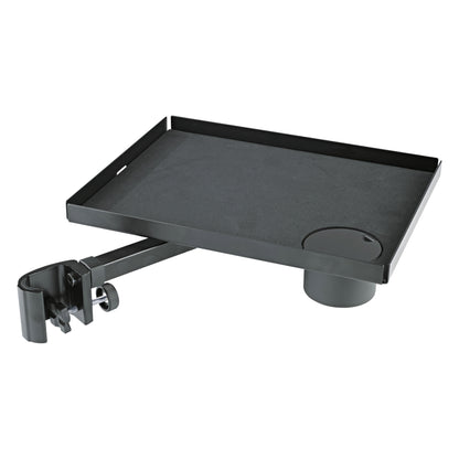 12225 steel utility tray, product shot with felt-lined black tray, clamp arm with thumbscrew and removable cup holder cover, K&M