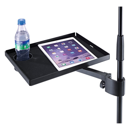 12225 steel utility tray in use on a mic stand, holding a water bottle in the cup holder and a tablet on the felt surface, K&M