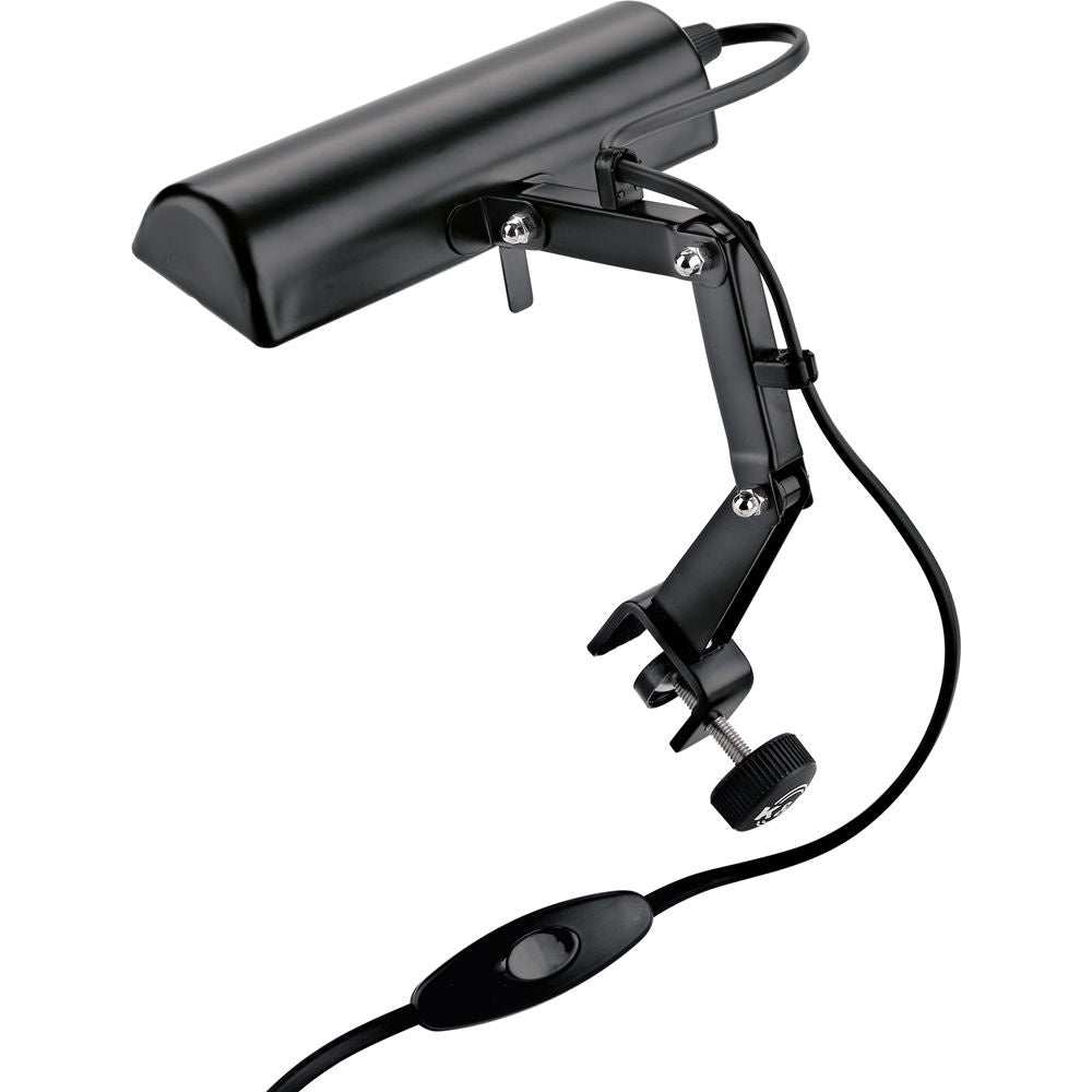KM 12255.073.55 clamp-on piano/music stand lamp in black, angled view showing articulating arm, thumbscrew clamp and inline on/off switch on the cable, K&M