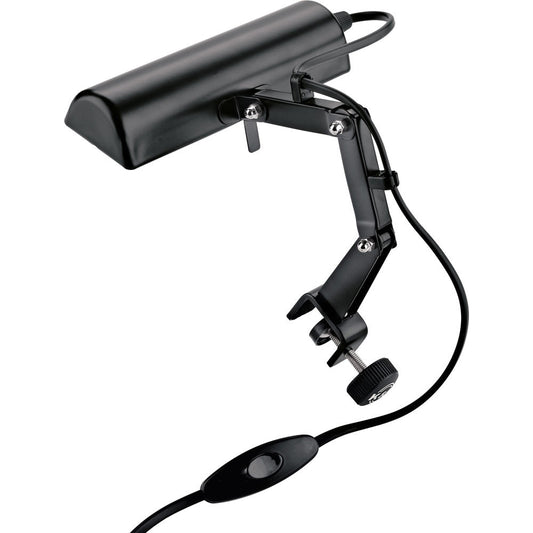 KM 12255.073.55 clamp-on piano/music stand lamp in black, angled view showing articulating arm, thumbscrew clamp and inline on/off switch on the cable, K&M