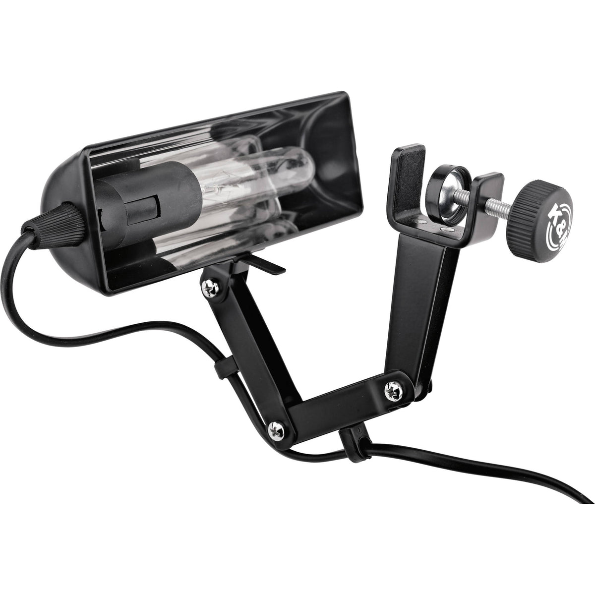 KM 12255.073.55 lamp head detail with halogen bulb visible inside the reflector housing and rubber-padded screw clamp, K&M