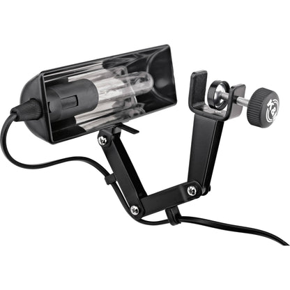 KM 12255.073.55 lamp head detail with halogen bulb visible inside the reflector housing and rubber-padded screw clamp, K&M
