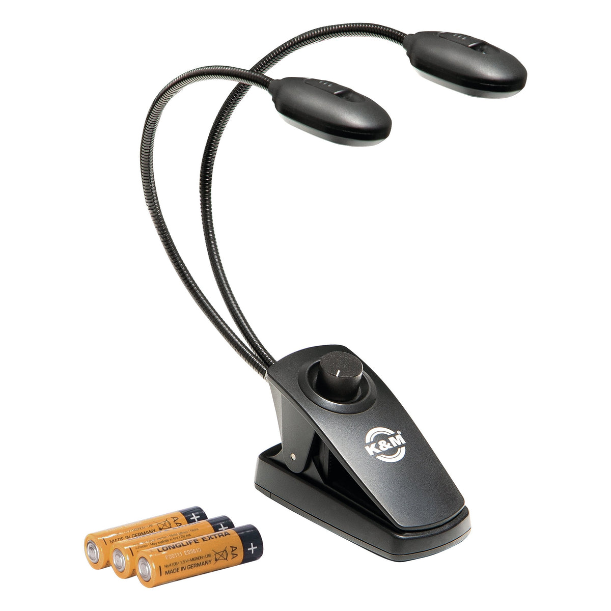 12271 Twin Head Pro music stand light rear three-quarter view with dual gooseneck arms, clip base with dimmer knob and three AA batteries alongside, K&M
