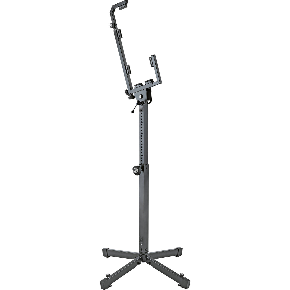 KM 17400.021.55 monitor speaker stand front view showing adjustable support arms, height-pin column and four-leg base, K&M