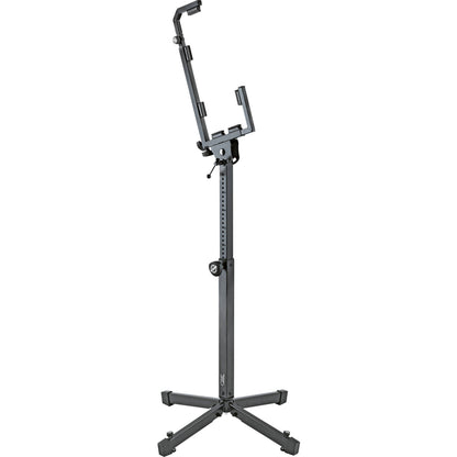 KM 17400.021.55 monitor speaker stand front view showing adjustable support arms, height-pin column and four-leg base, K&M