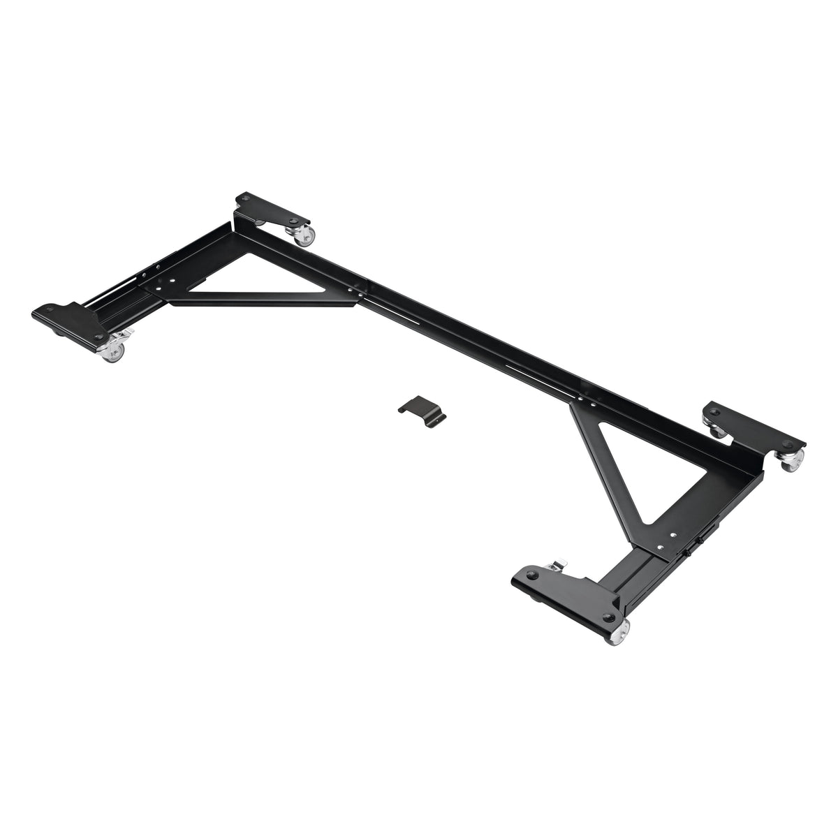 18804 adjustable piano trolley angled overview showing black steel frame, triangular braces, four swivel casters and loose bracket, K&M