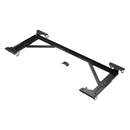 18804 adjustable piano trolley angled overview showing black steel frame, triangular braces, four swivel casters and loose bracket, K&M