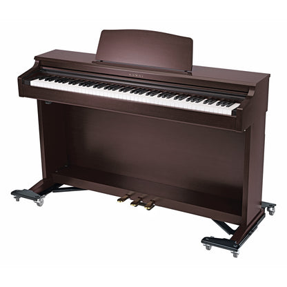 18804 adjustable piano trolley in use under a rosewood digital upright piano with casters at each end of the cabinet, K&M