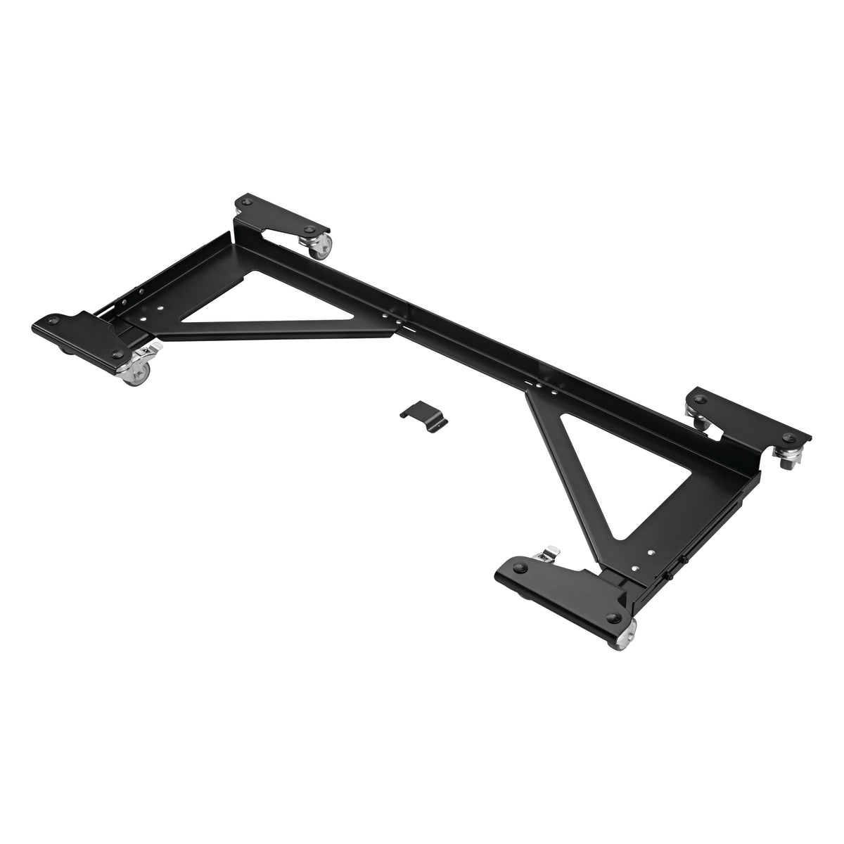 18804 adjustable piano trolley top-down angled view showing mounting plates, telescoping side arms and locking casters, K&M