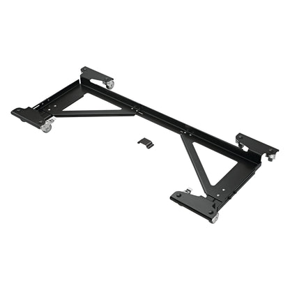18804 adjustable piano trolley top-down angled view showing mounting plates, telescoping side arms and locking casters, K&M