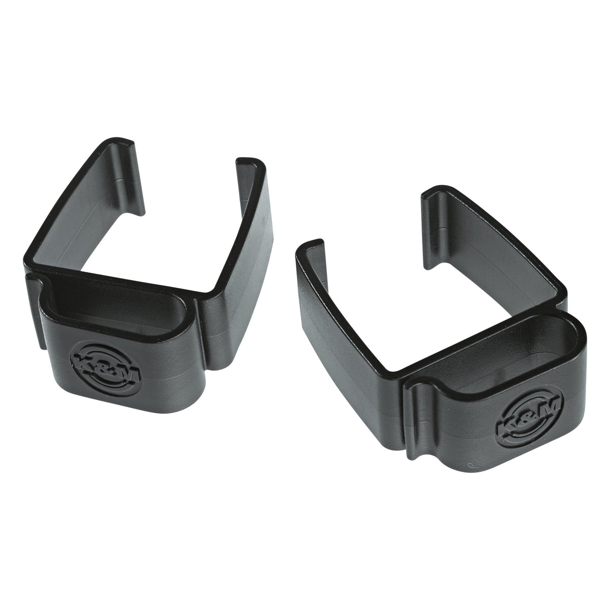 18809 cable clamps for Omega keyboard stands, pair shown angled on white background with embossed K&M logo and open U-shaped clip with cable channel, K&M