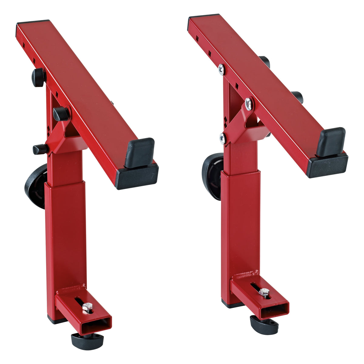 18822 Stacker third-level keyboard stand arms, pair shown angled, in ruby red with black rubber end stops, adjustment knobs and clamp feet, K&M