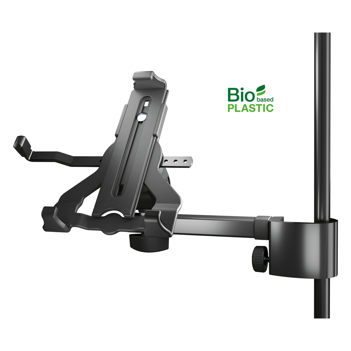 Biobased tablet holder front view, empty, with adjustable clamping arms and slotted bracket on a stand-mounted arm, Bio-based Plastic logo, K&M
