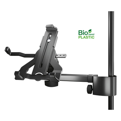 Biobased tablet holder front view, empty, with adjustable clamping arms and slotted bracket on a stand-mounted arm, Bio-based Plastic logo, K&M